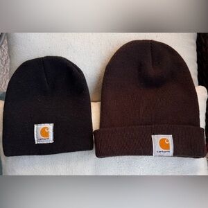 2 Carhartt Beanies 100% Acrylic Knit;  Cuffed Dark Brown; Black Knit One Size